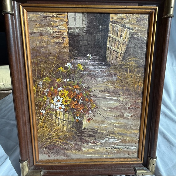 “Bucket of Flowers” Framed Rustic Floral Pathway Painting by Chadwick 70’s 80’s
